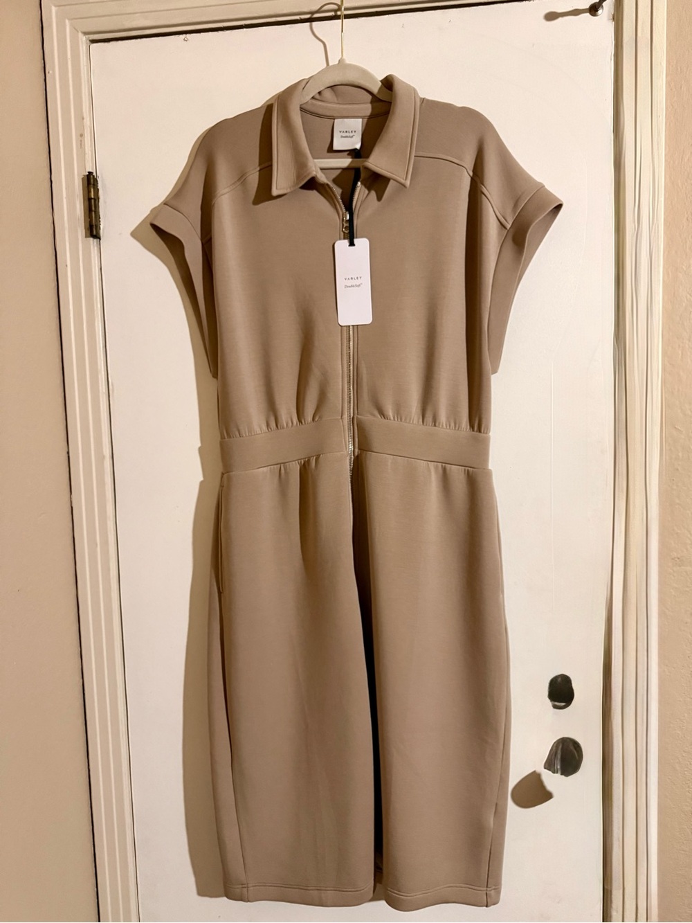 VARLEY LOUISA Beige Zip-Front Short Sleeve Dress BRAND NEW with tag!never worn.